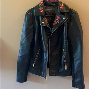 Faux leather jacket with embroidered roses